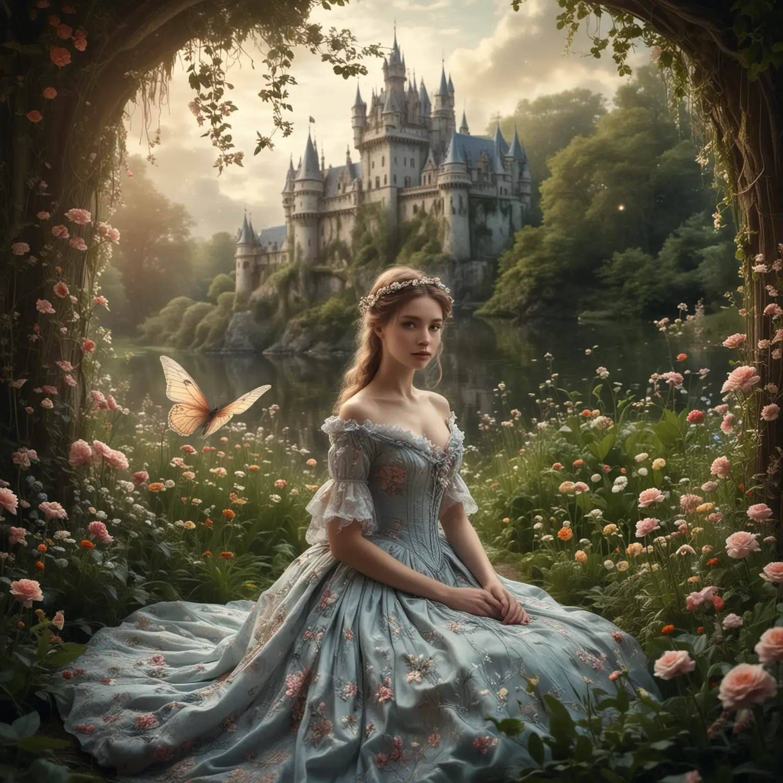 Enchanted Fairy Princess in Victorian Dress Surrounded by Magical Wildlife and Flowers