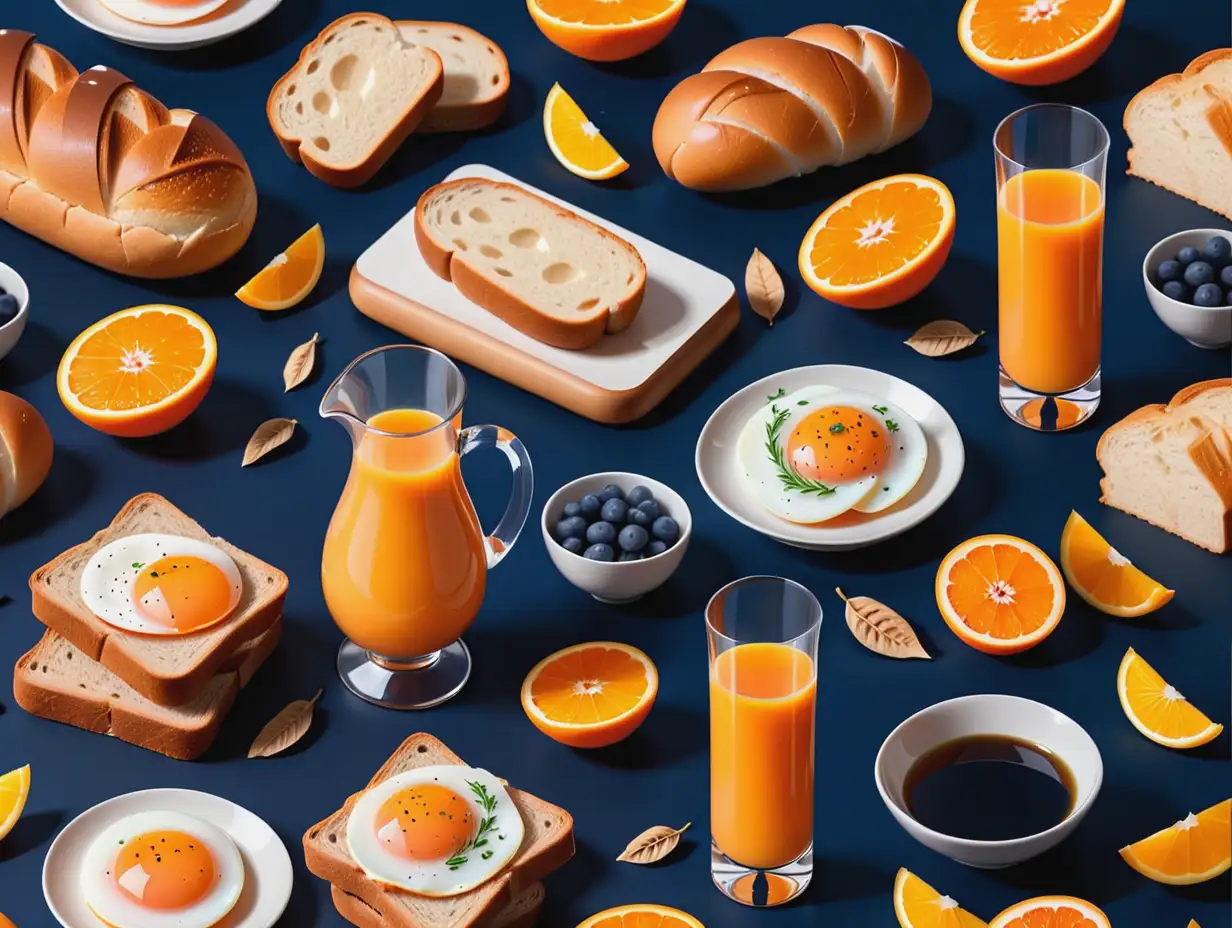Delicious Breakfast Spread with Eggs Bread and Orange Juice in Vibrant Blue and Orange Pattern
