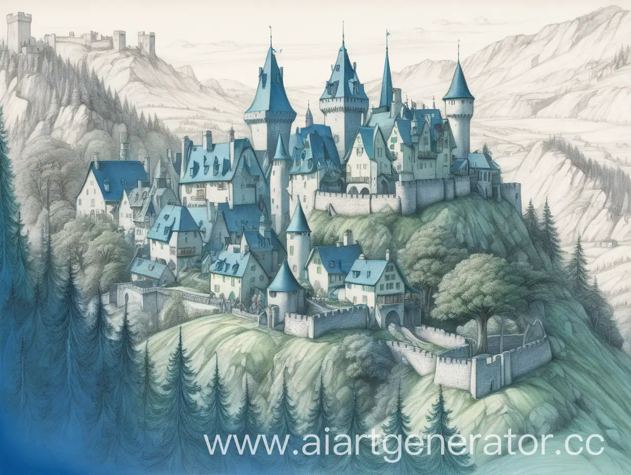 Средневековый замок с деревней вокруг него,
В синих, зелёных тонах, как будто нарисовано карандашом, еловый лес