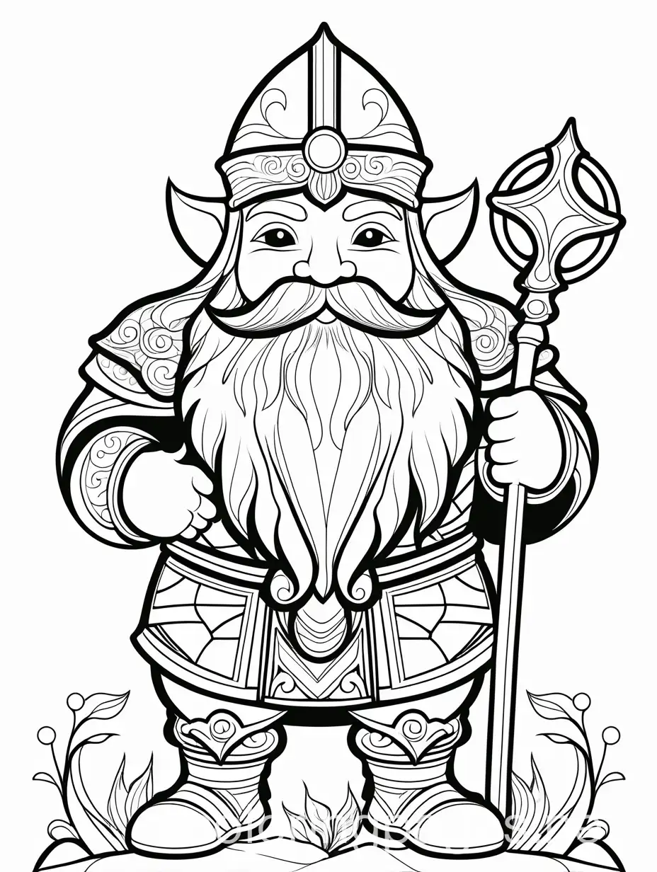 dwarf fantasy easy kids, Coloring Page, black and white, line art, white background, Simplicity, Ample White Space. The background of the coloring page is plain white to make it easy for young children to color within the lines. The outlines of all the subjects are easy to distinguish, making it simple for kids to color without too much difficulty