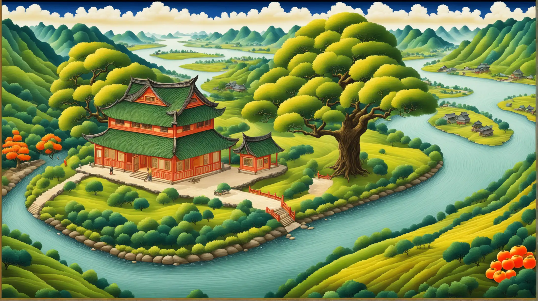 Scenic Riverside Cottage with Persimmon Tree Idyllic Folk Painting in 8K HD
