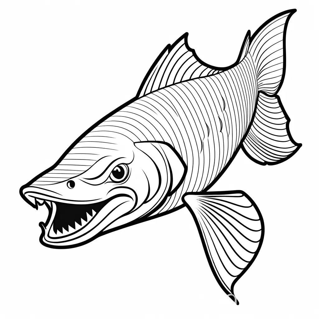  The coloring Page for kids, full of scales, illustration of a playful "Barracuda with sharp teeth", black and white, line art, white background, Simplicity, Ample White Space. The background of the coloring page is plain white to make it easy for young children to color within the lines, simple vector art. The outlines of all the subjects are easy to distinguish, making it simple for kids to color without too much difficulty.