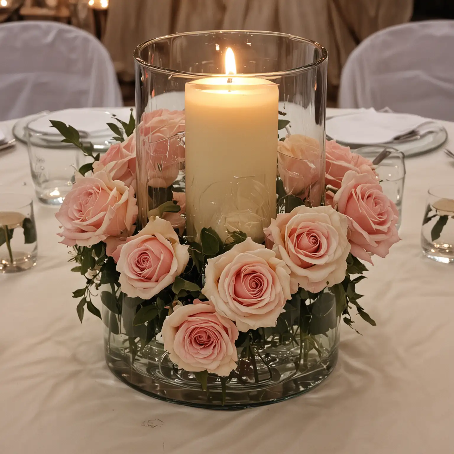 wedding centerpiece using large and wide cylinder glass vase holding a few votive candles and the vase is decorated with a vintage ring of roses around the outside of the cylinder vase