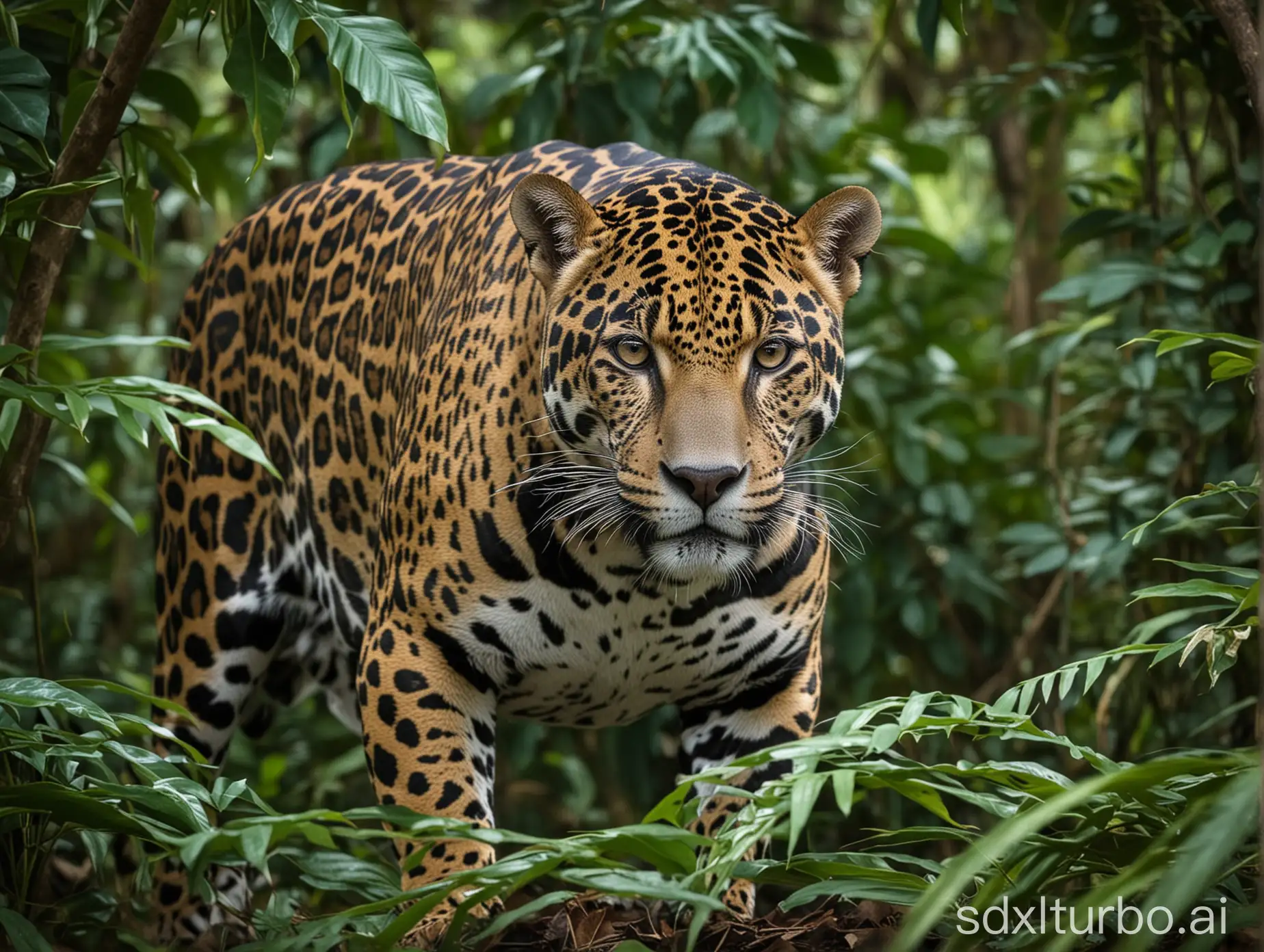 un jaguar dans la jungle du Pérou au milieu des feuilles