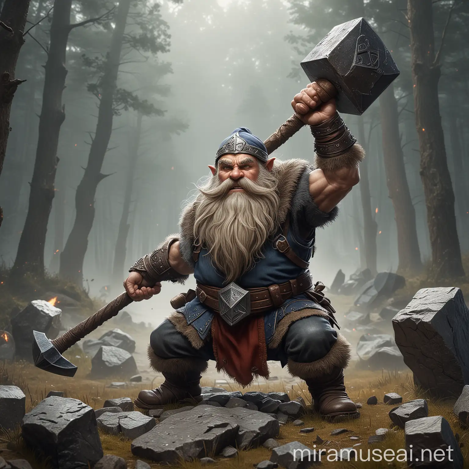 Dwarf fighting enemy with hammer