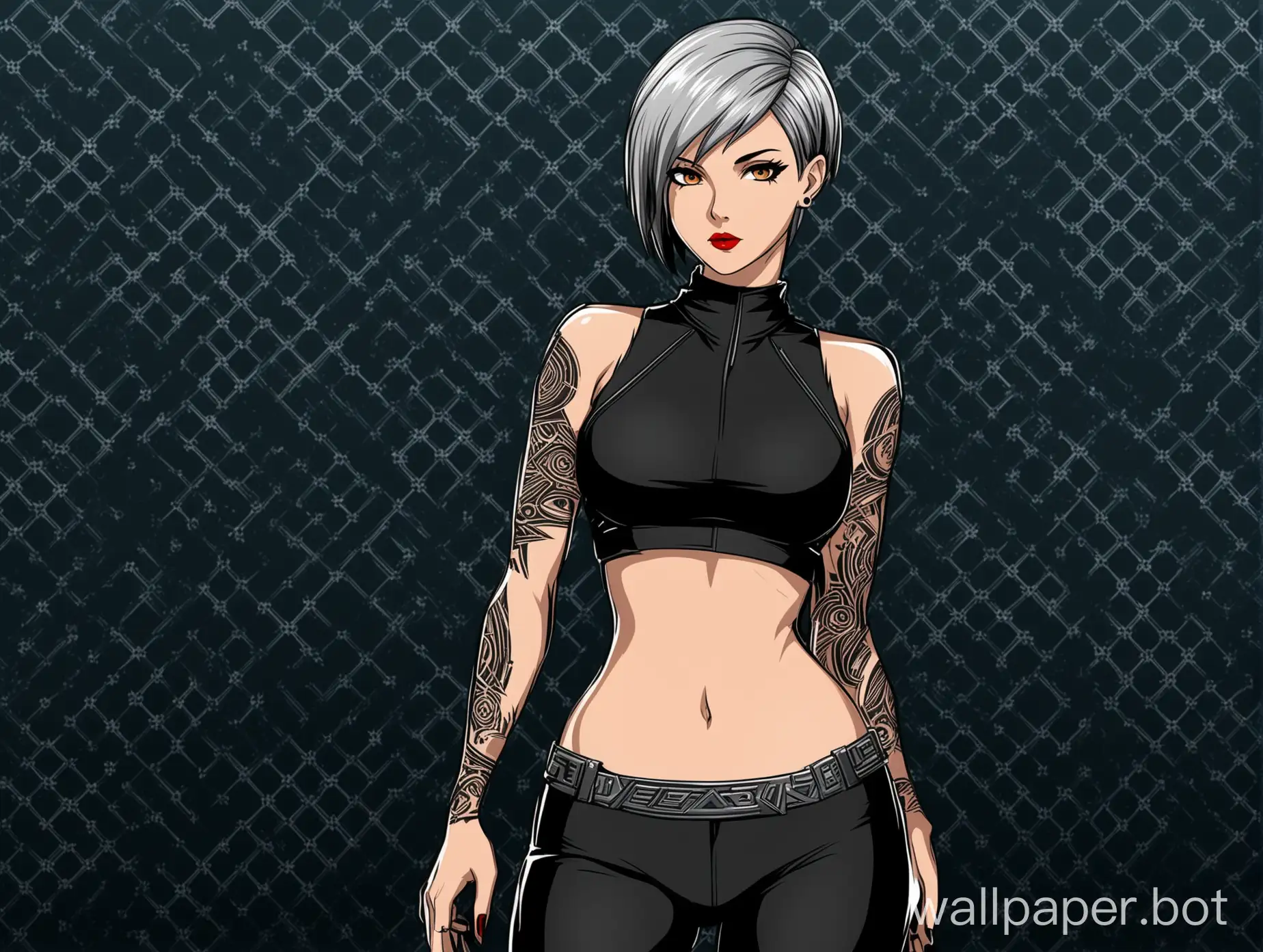 Design a captivating wallpaper featuring a sultry anime female character with a short silver hairstyle similar to Ruby Rose's character in 'XXX Return of Xander Cage'. The character should exude confidence and charisma, with a seductive yet edgy look that reflects her personality. Her silver short hairstyle should be sleek and modern, adding to her bold and dynamic appearance. Dress her in a crop top that accentuates her curvy physique, paired with stylish bottoms that reveal a bit more skin. Enhance her sexiness with subtle yet alluring poses and expressions. Incorporate elements of the Arch Linux logo, such as its color scheme or logo shape, into the background or accessories to give the wallpaper a tech-inspired edge. The background should be monochromatic, clean, and mineralistic, with subtle textures or patterns to add depth and interest while maintaining a minimalist aesthetic.