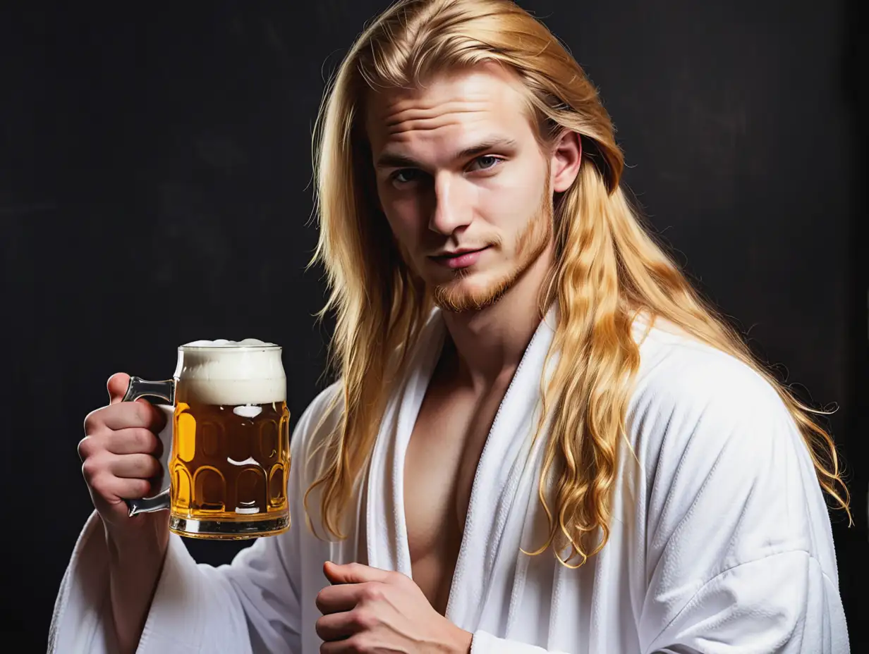 молодой человек с длинными золотистыми волосами в белой рясе держит кружку пива