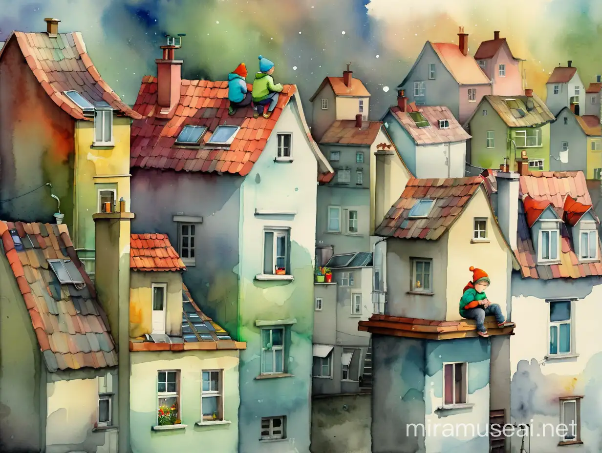 ребенок сидит на крыше дома в современном городе, watercolour style by Alexander Jansson