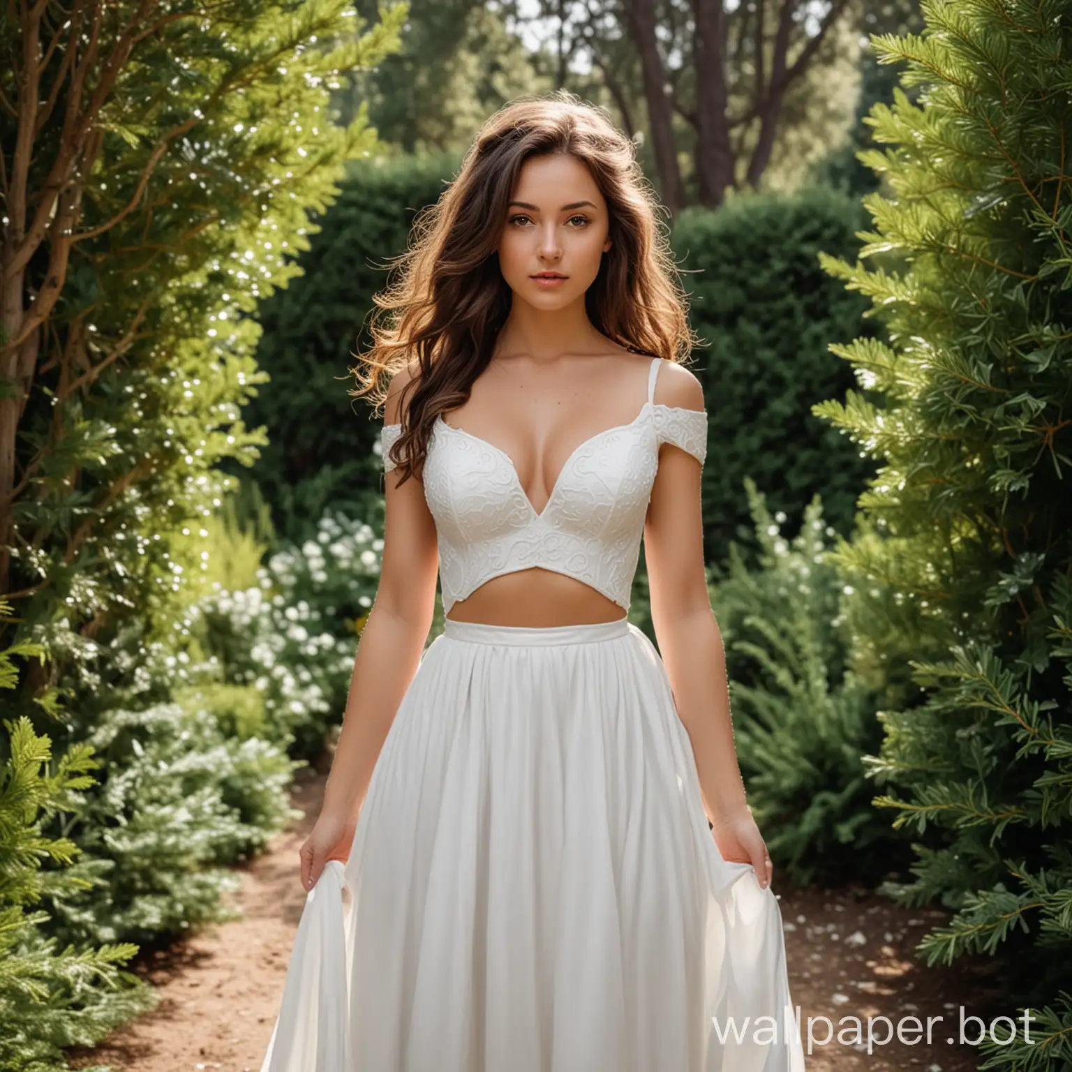 A petite brunette girl in a white wedding dress with cutouts for her breasts in a garden with evergreen trees on the side