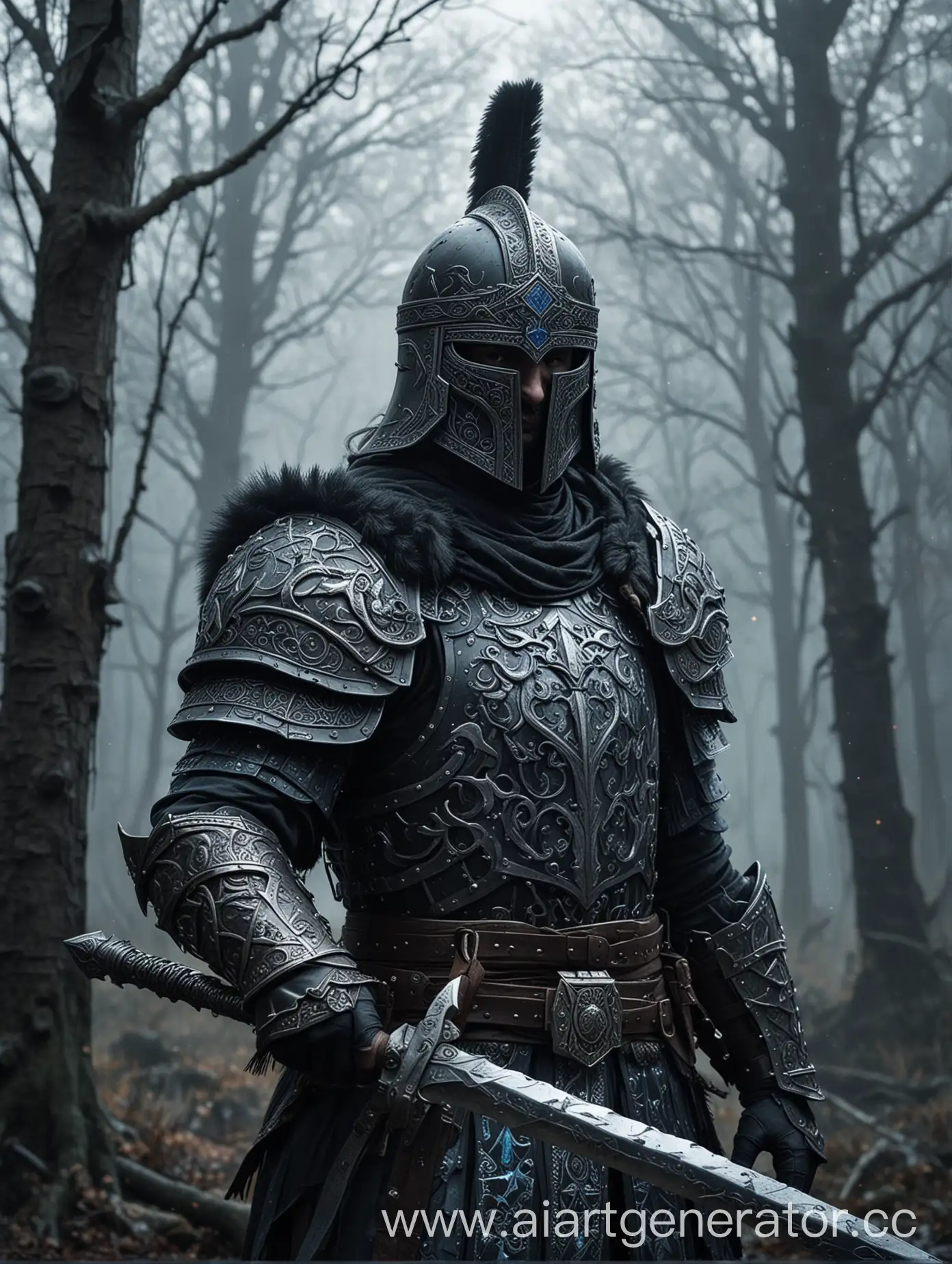 Dark-Slavic-Knight-Thulerik-with-Magical-Sword-and-Shield-in-Misty-Forest