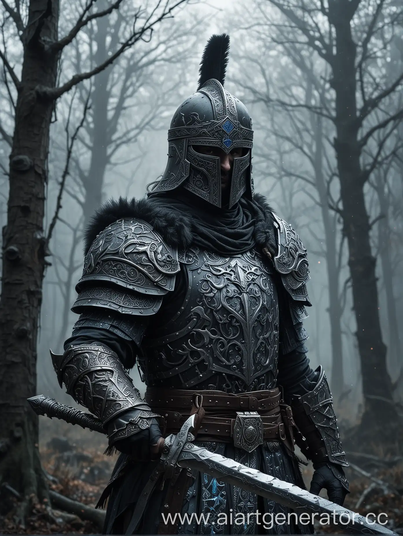 Create a high-quality, dark-themed avatar of a Slavic knight named Thulerik. He wears a detailed Slavic helmet and armor with intricate, dark patterns, and holds a glowing blue magical sword and a shield with Slavic symbols. The background features a dark, misty forest and ancient, decaying Slavic structures. Use a dark color palette with deep greens, blacks, silvers, and blues. The style should be realistic with detailed textures and shadows, emphasizing a grim, mysterious atmosphere.
