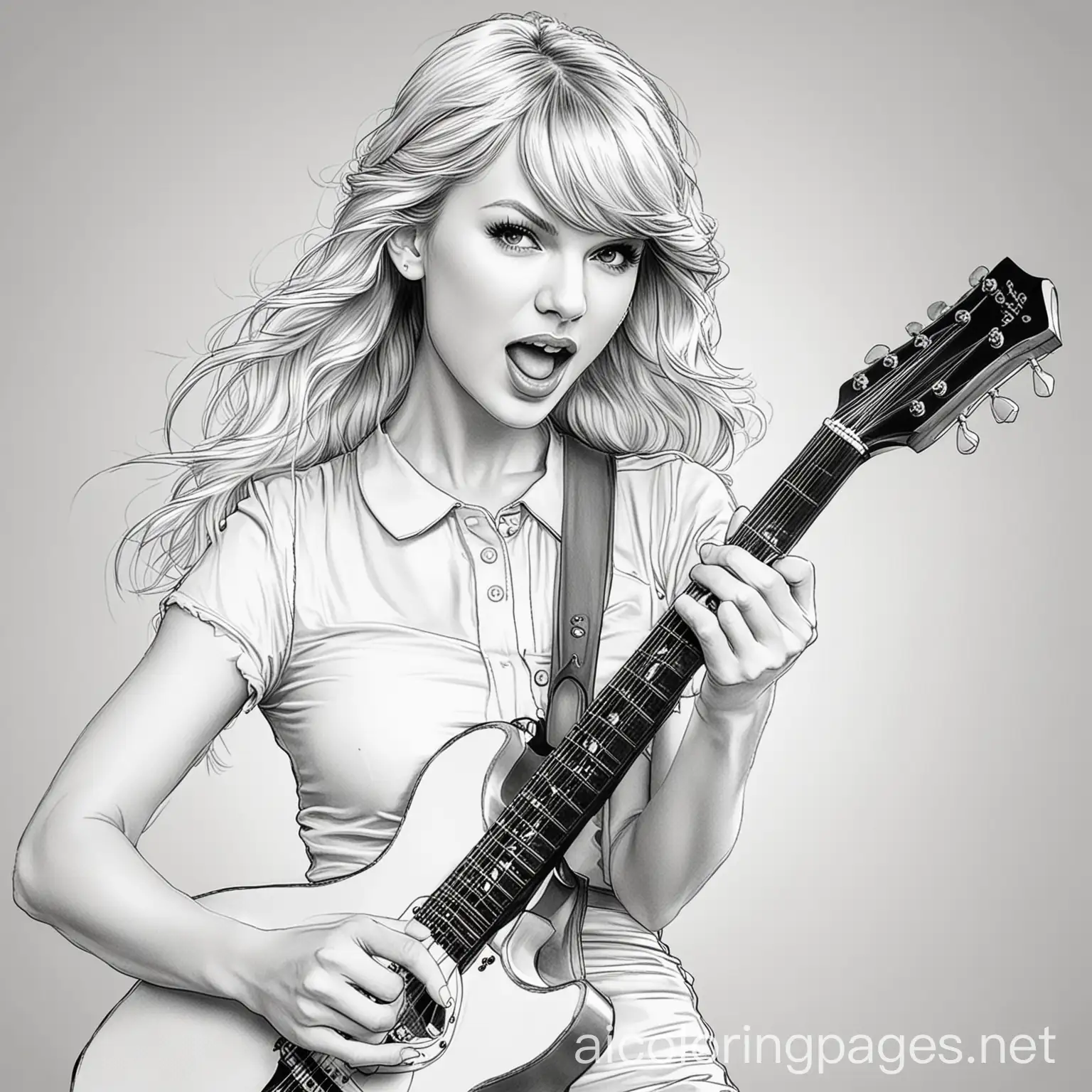 Coloring page of Taylor Swift with white hair singing playing guitar in comic style, Coloring Page, black and white, line art, white background, Simplicity, Ample White Space. The background of the coloring page is plain white to make it easy for young children to color within the lines. The outlines of all the subjects are easy to distinguish, making it simple for kids to color without too much difficulty