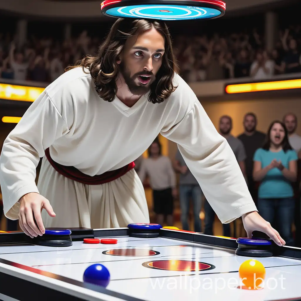 Jesus Christ playing air hockey really competitively. 