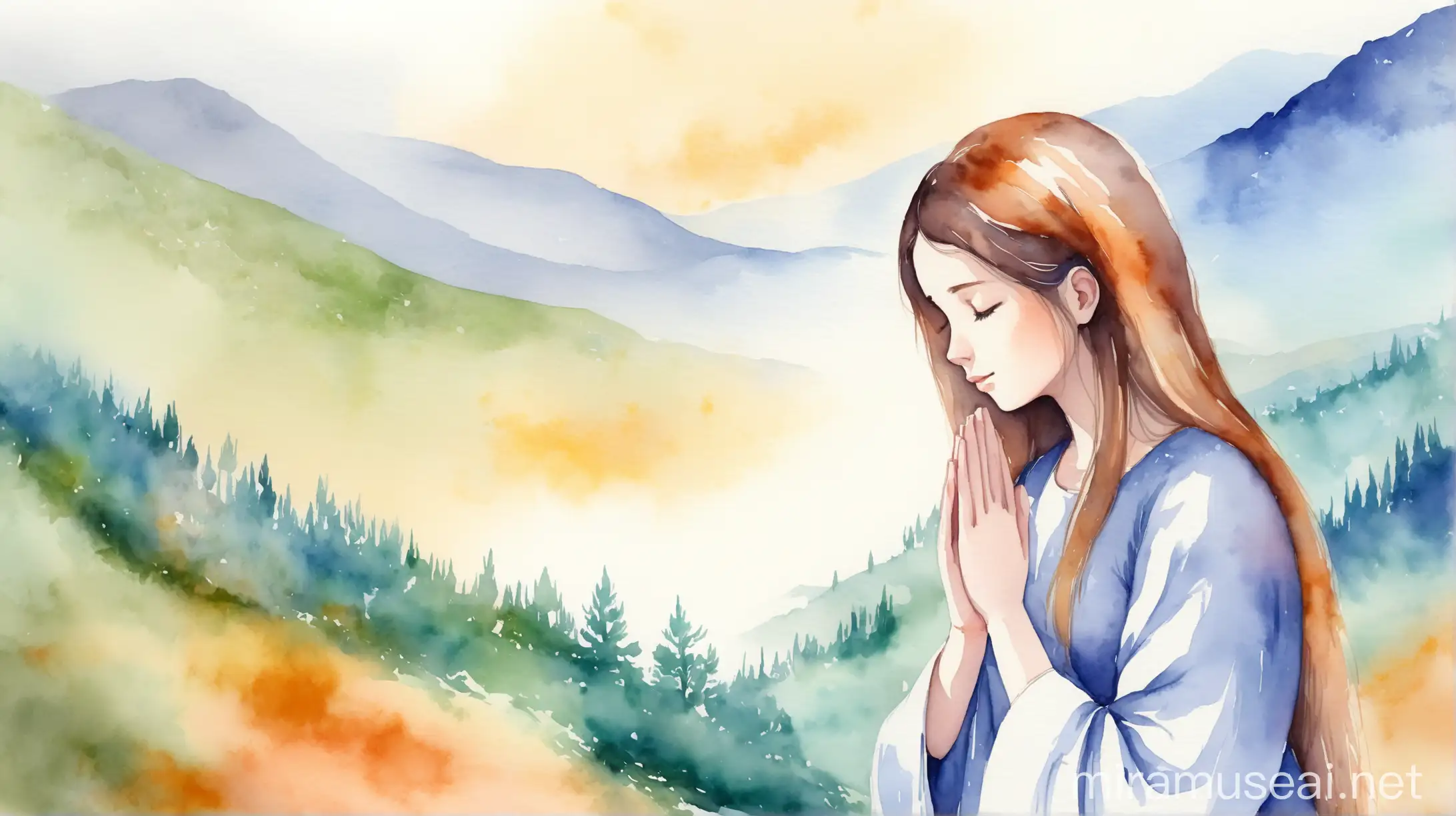 Young Lady Praying in Serene Watercolor Landscape
