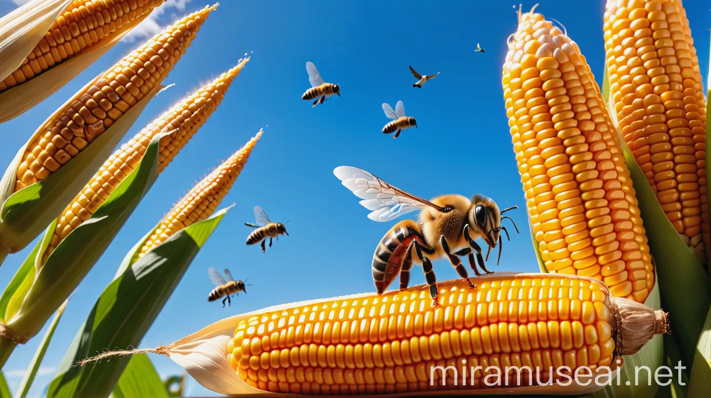 Outdoor Corn Husking Bee with Birds under Blue Sky