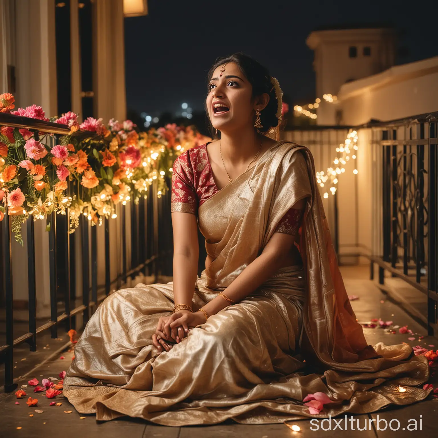 22 years old young pretty lady wearing silk saree bridal look, screaming in fear, sitting on the floor, on a balcony decorated with flowers and lights, at night