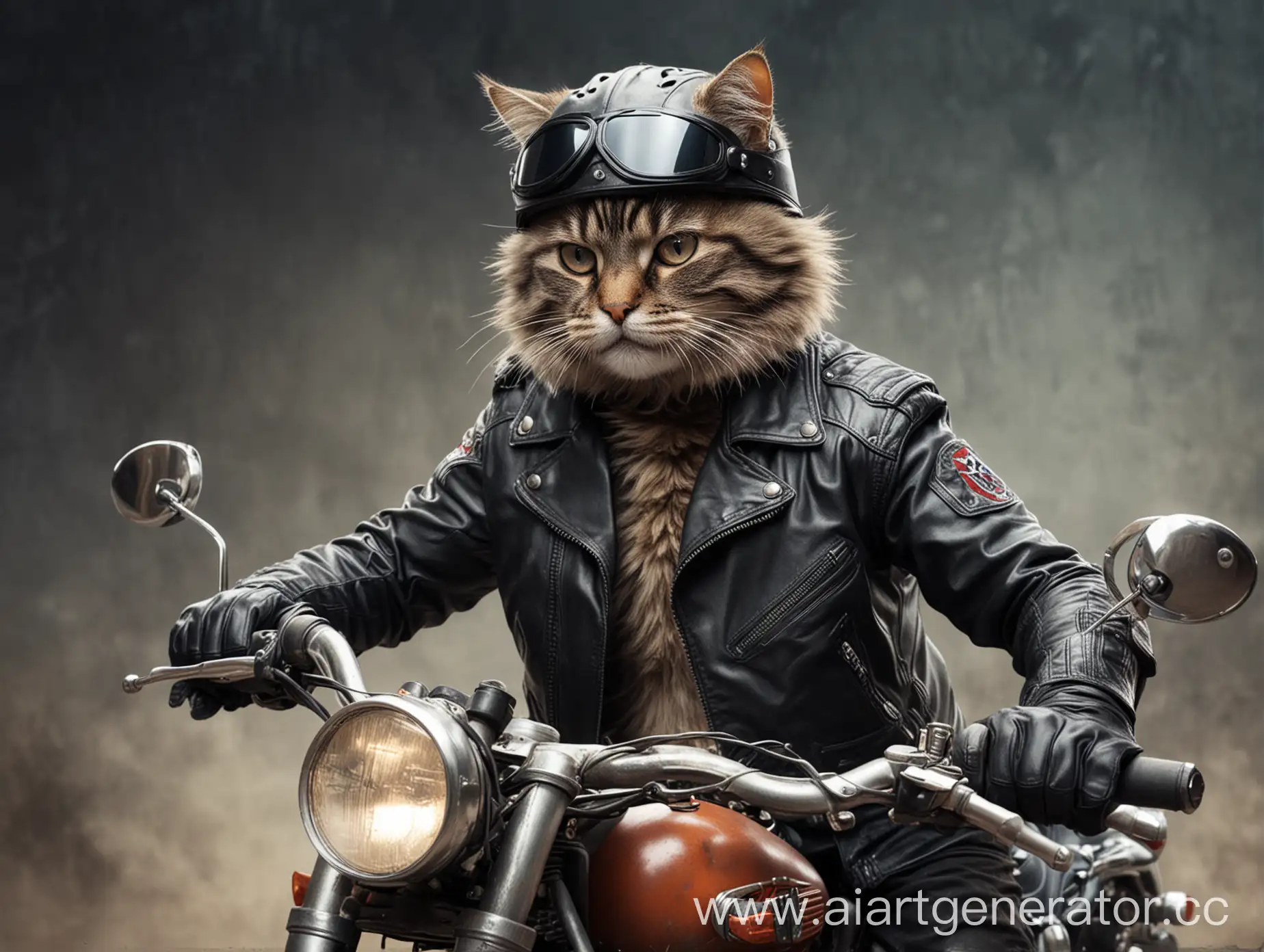 кот - байкер брутальный в кожаной куртке и в шлеме на мотоцикле едет