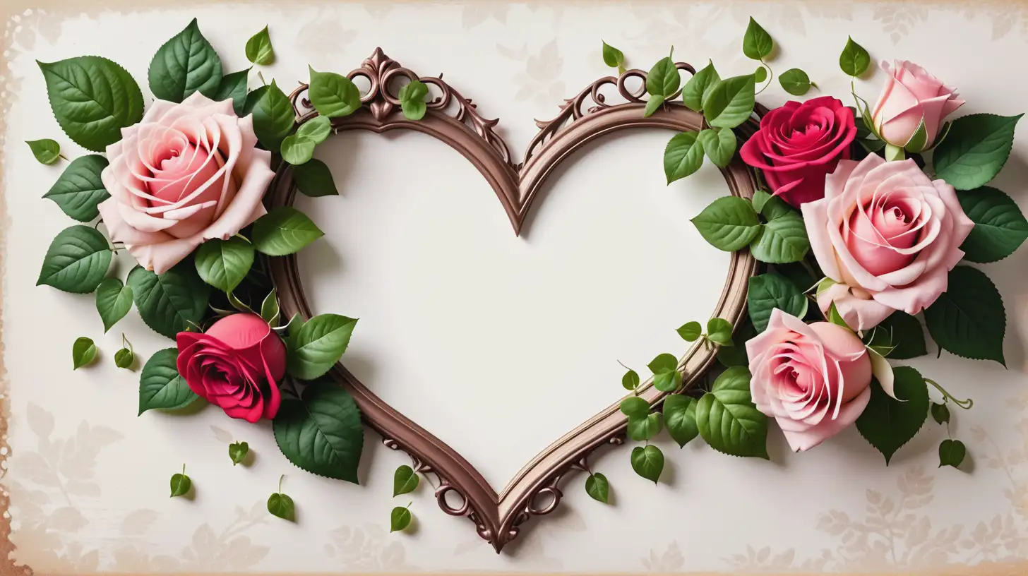 Vintage HeartShaped Frame with Roses and Ivy on Blank Background