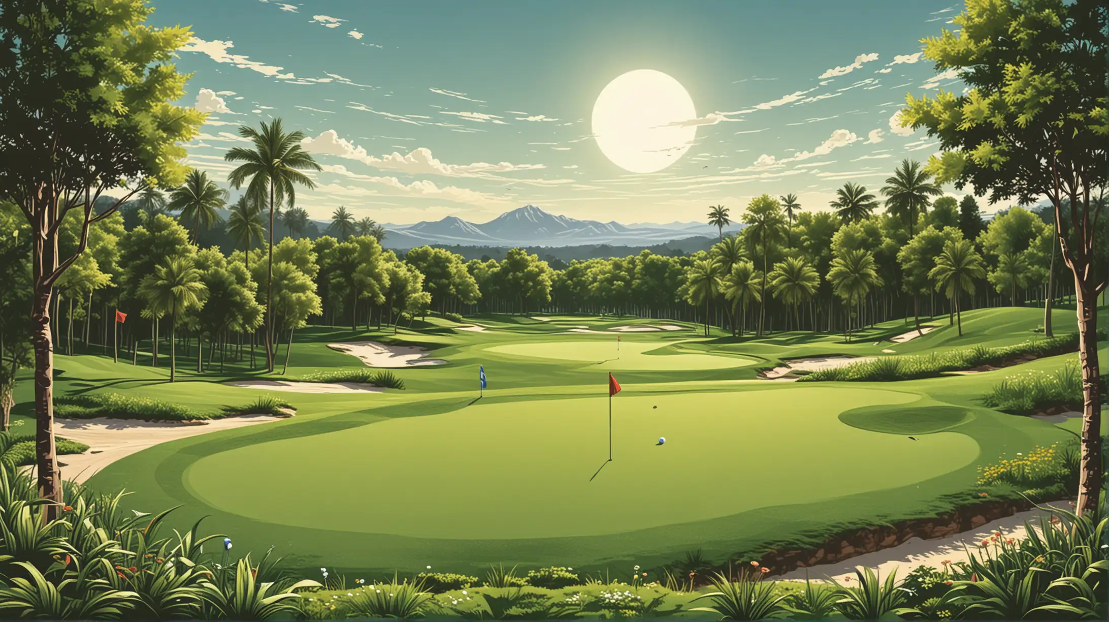 Lush Green Golf Course Landscape Vector Illustration