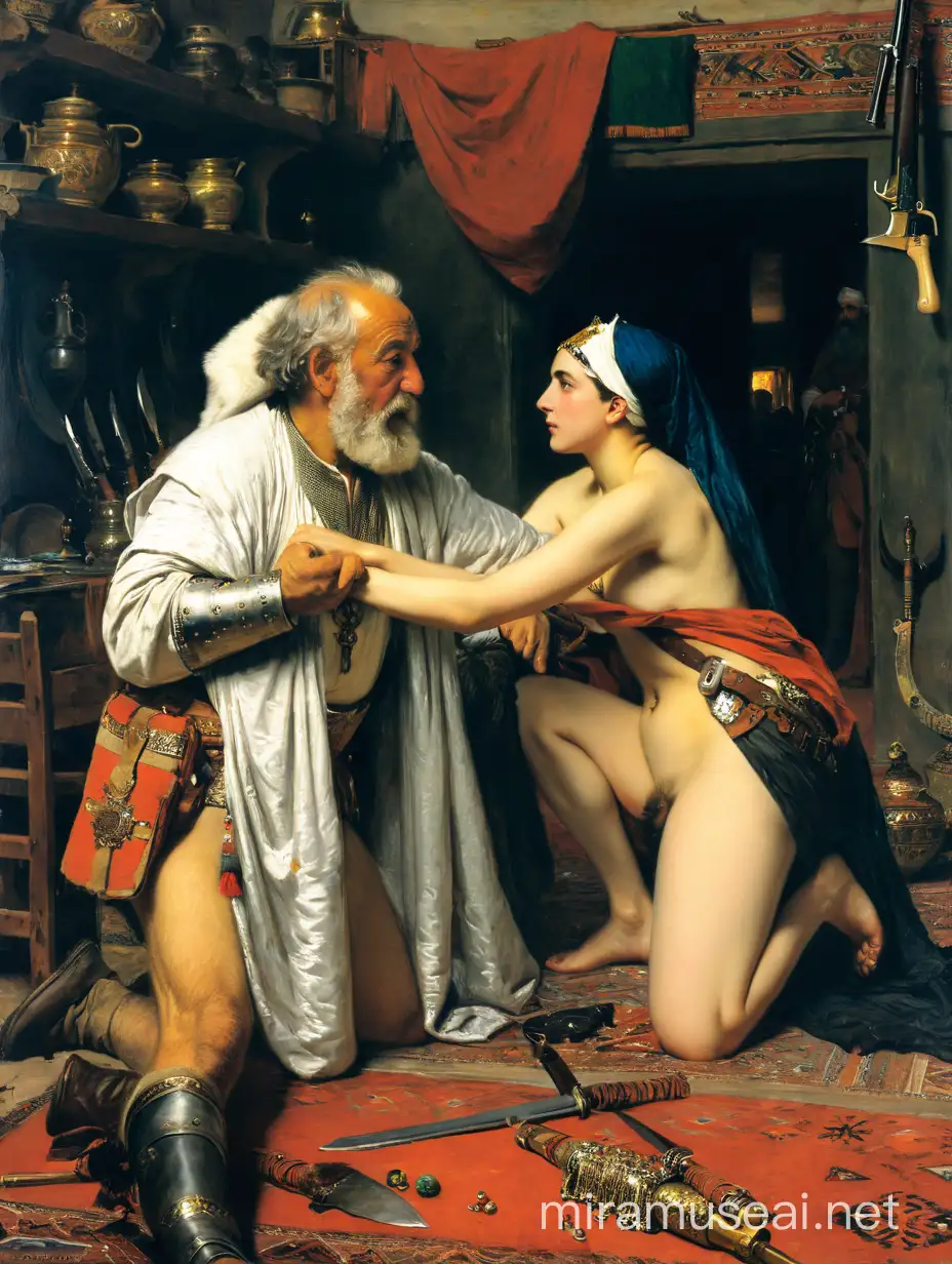 Dramatic Romantic Painting Old Painter and Naked Woman in Workshop