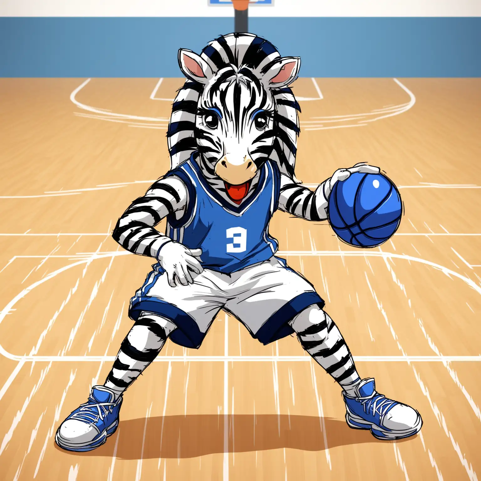 Create anime zebra type cartoon character playing basketball on basketball court, wearing white, blue, and navy blue basketball uniform