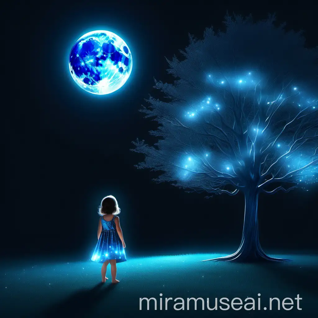 3D 8k minimal realstic illustrator minimal tree glittering and shinning with her glassy light dress little girl watching it art the midnight with blue moon