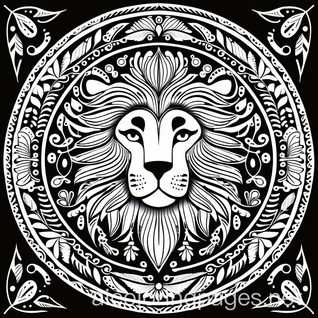 Animal Mandala: Combine the calming effect of mandalas with the charm of animals. Think of a mandala with a lion's face or an owl's intricate feathers., Coloring Page, black and white, line art, white background, Simplicity, Ample White Space. The background of the coloring page is plain white to make it easy for young children to color within the lines. The outlines of all the subjects are easy to distinguish, making it simple for kids to color without too much difficulty