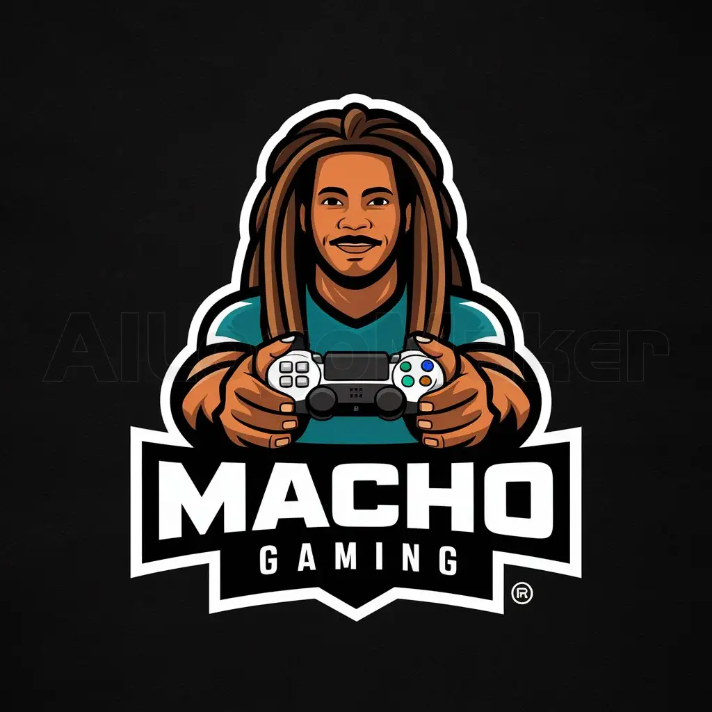 a logo design,with the text "Macho gaming", main symbol:Black guy with long dreadlocks holding ps5 controller,Moderate,be used in Gaming industry,clear background