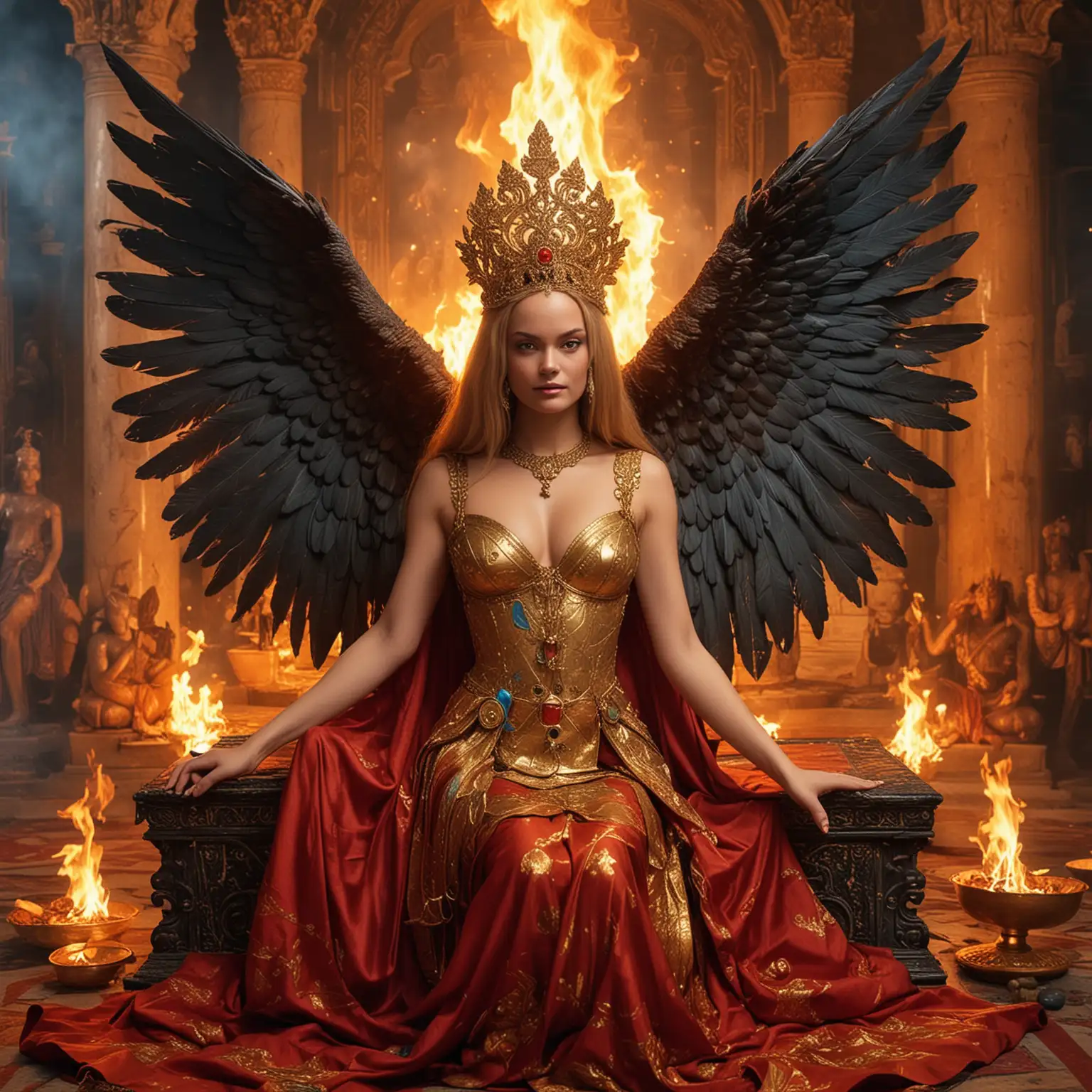 Mystical Goddess Empress with Honey Hair and Wings Surrounded by Fire and Deities