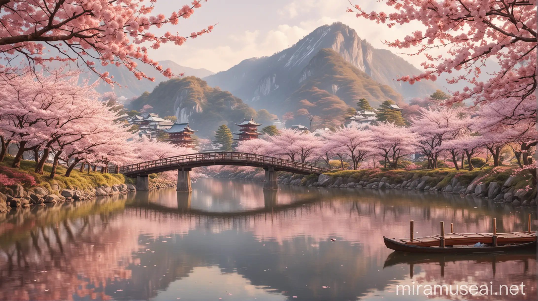 Create an 8k resolution wallpaper image of cherry blossoms in spring in Japan. Use a delicate watercolor theme to capture the ethereal beauty and tranquility of the scene. The image should showcase cherry blossom trees in full bloom, with soft pink and white petals. Include elements of traditional Japanese landscape, such as a serene river, gently flowing beneath the cherry blossoms, and a classic Japanese bridge in the background. The colors should be soft and pastel, with a dreamy, almost magical quality. The overall composition should evoke a sense of peace and natural beauty, perfect for a wallpaper.