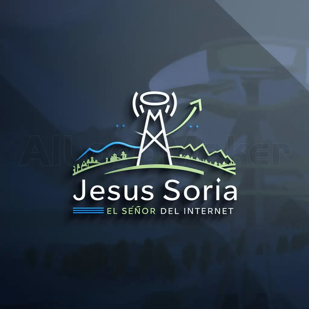 a logo design,with the text "Jesus Soria", main symbol: Design a modern and professional logo for a personal brand dedicated to bringing internet to rural areas in Mexico. The logo should include: 1. An icon of a telecommunications tower or antenna, symbolizing connectivity and technology. 2. Representations of rural areas, such as mountains, trees, or a pastoral landscape. 3. A clean and minimalist design, with clear lines and colors that evoke trust and professionalism, such as blue and green. 4. The name of the brand 'El Señor del Internet' in a modern and legible font. 5. Optional: Include a small detail representing growth and personal improvement, such as an ascending arrow or a star.,Moderate,clear background