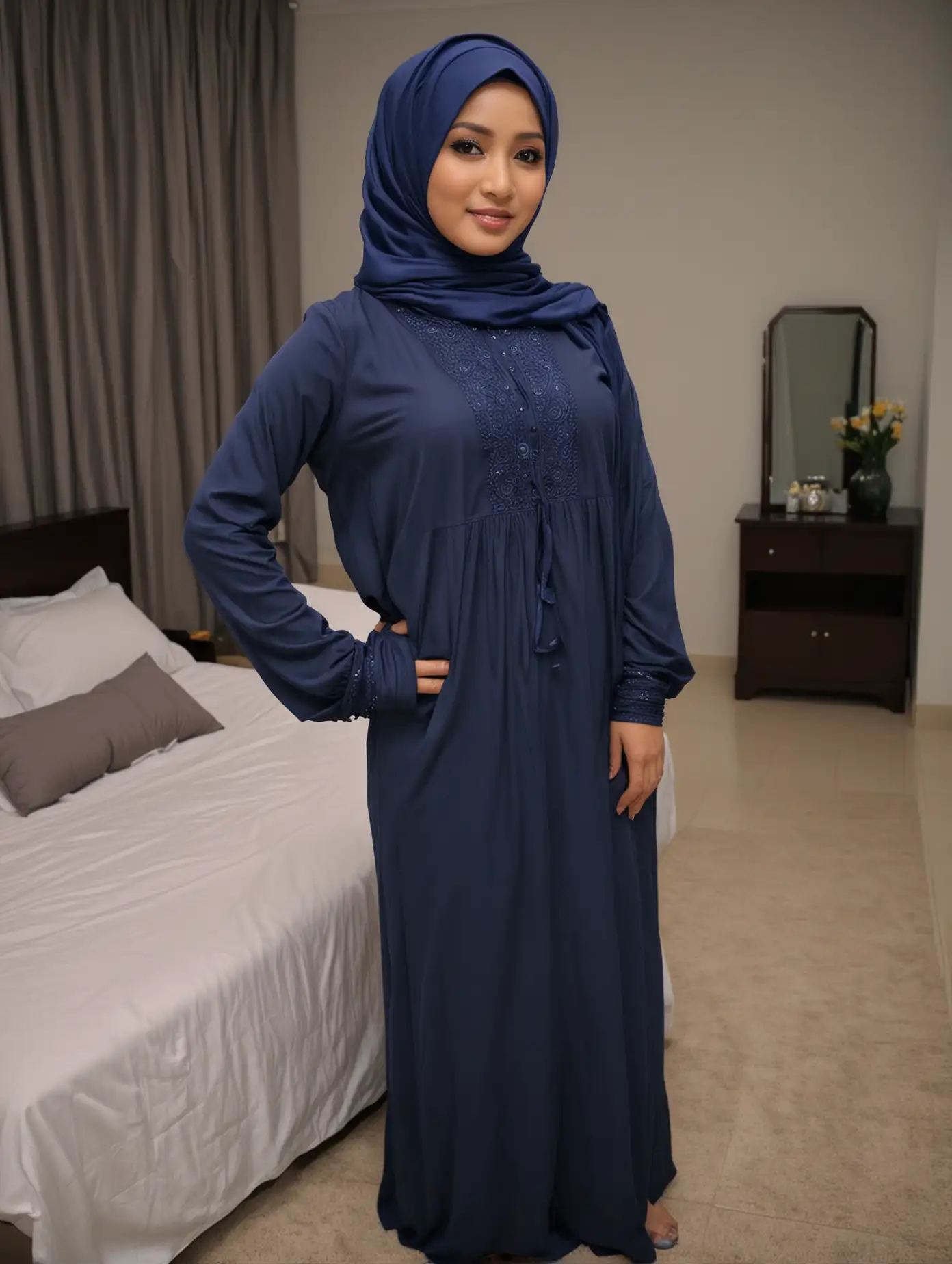 POV long shot, full body, INDONESIAN FEMALE, CURVY, SMALL BREAST, AGE 40, DARK BLUE HIJAB, CLOSE HIJAB, NIGHT GOWN