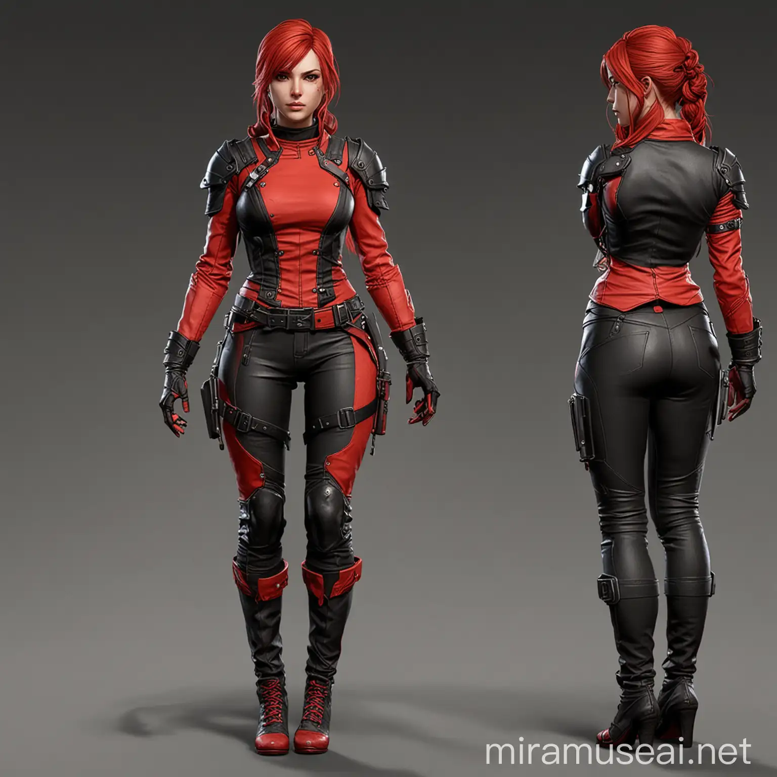 Design a female game outfit color is red and black