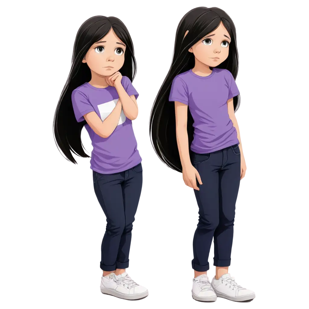 cartoon drawing: A beautiful little girl with white skin, big hazel eyes and long black hair. She sad crying. She is around 13 years old. She is wearing a purple t-shirt and pants and white shoes. She has white skin. she is crying. Make it more like a drawing and not like a photo. 