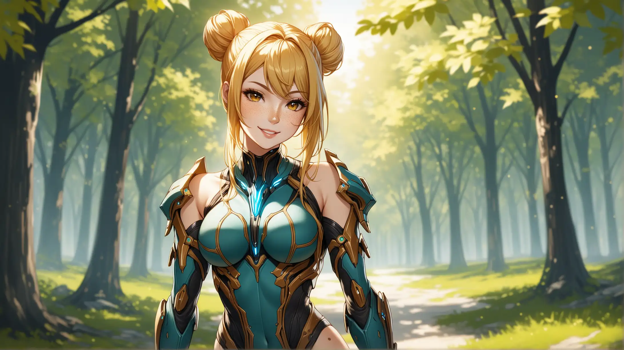 Draw a woman, long blonde hair in a bun, gold eyes, freckles, perky figure, outfit inspired from the game Warframe, high quality, long shot, outdoors, seductive, natural lighting, smiling at the viewer
