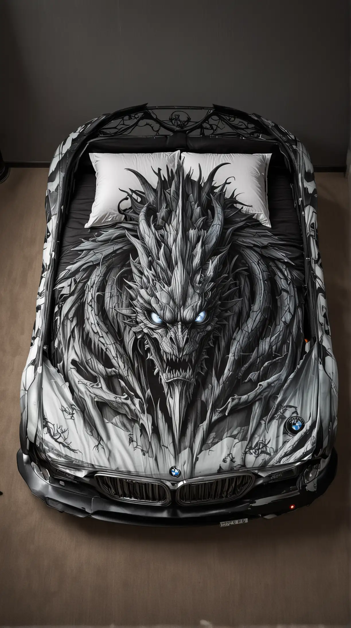 Double bed in the shape of a BMW car with headlights on and with graphics in the shape of an evil and good dragon
