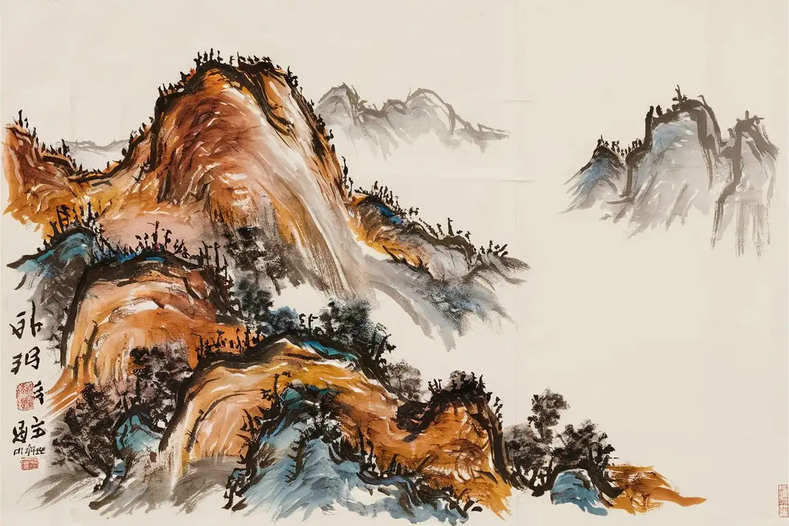 将中国的泰山的有关图片修改为国画风格，并将右边1/3留白