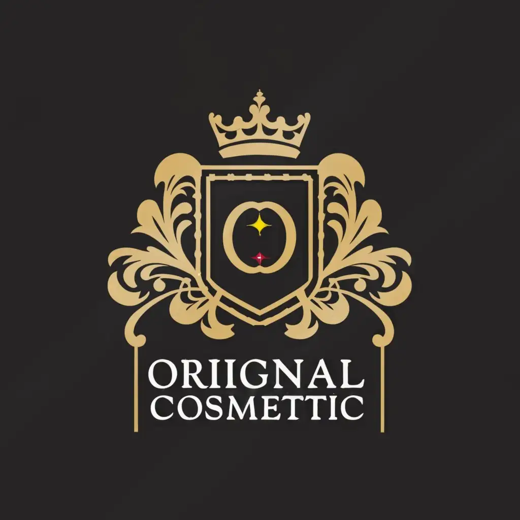 a logo design,with the text "ORIGINAL COSMETIC", main symbol:Crown on shield,complex,be used in cosmetic industry,clear background