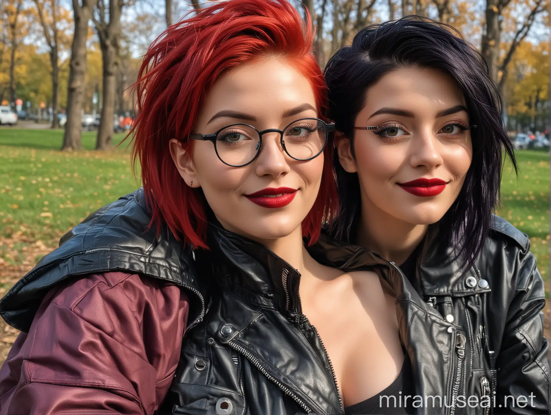 A woman has scarlet red hair resting on the right and, she wears a cyberpunk jacket opened, shaved side on the left, she has eyeglasses.
There is a second woman, she has black hair and dark lipstick.
they are smiling together in a park, in selfie style