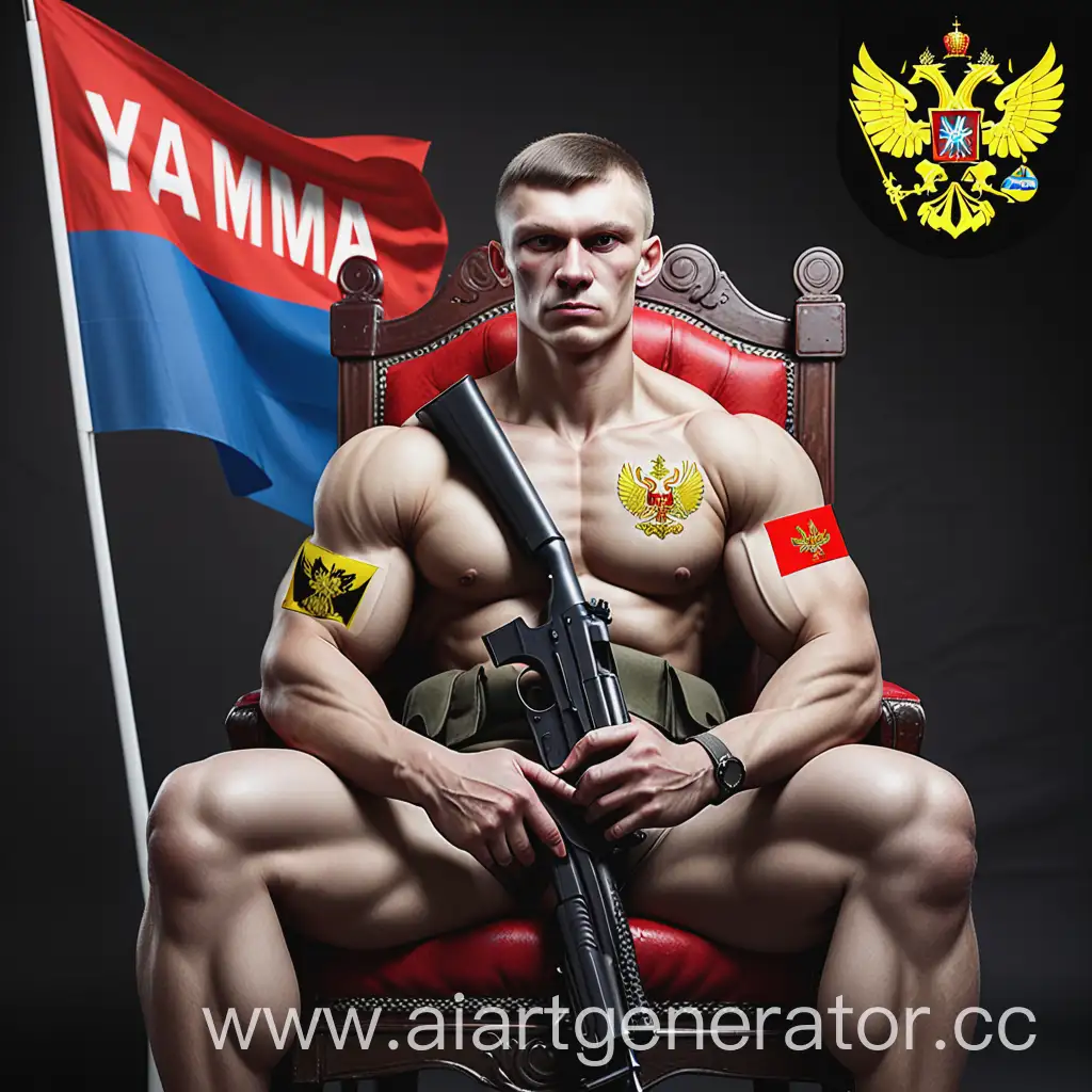 Russian-Federation-Soldier-YAMMA-in-Throne-with-Demons-and-Ukrainian-Flag