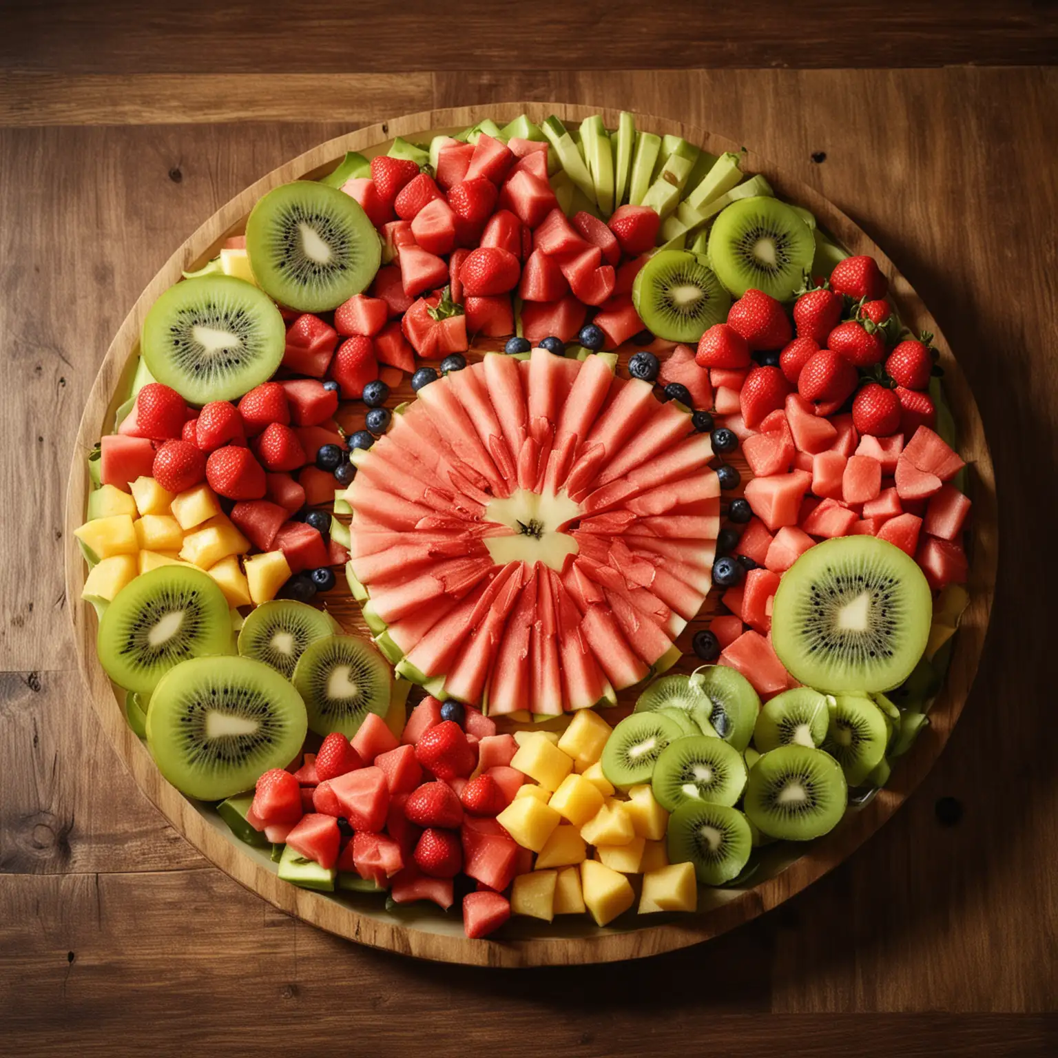 ```
‏A photographic style of a plate of professionally cut fruits, featuring vibrant colors of watermelon, kiwi, pineapple, and strawberries, arranged in an artistic circular pattern on the plate. The plate is placed on a rustic wooden table. The background includes a blurred kitchen scene with soft morning light streaming through a window. Colors are vivid with natural sunlight highlighting the fruits, creating dynamic shadows. Created Using: Canon EOS R5, rule of thirds, culinary art photography, soft-focus background, HDR technique, natural light setup, fruit carving expertise, high-resolution capture, hd quality, natural look
```