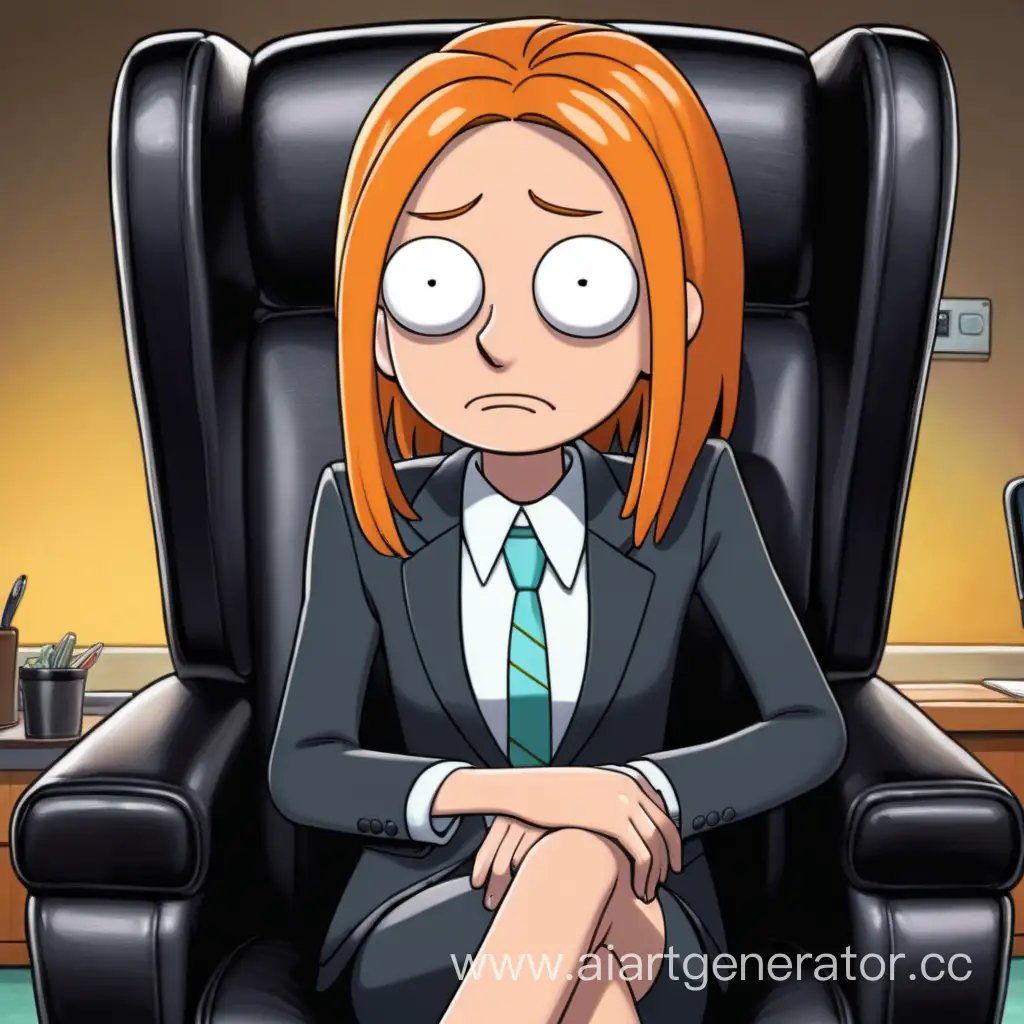 Саммер Смит с оранжевыми волосами из сериала Рик и Морти в деловом костюме сидит на черном кресле.