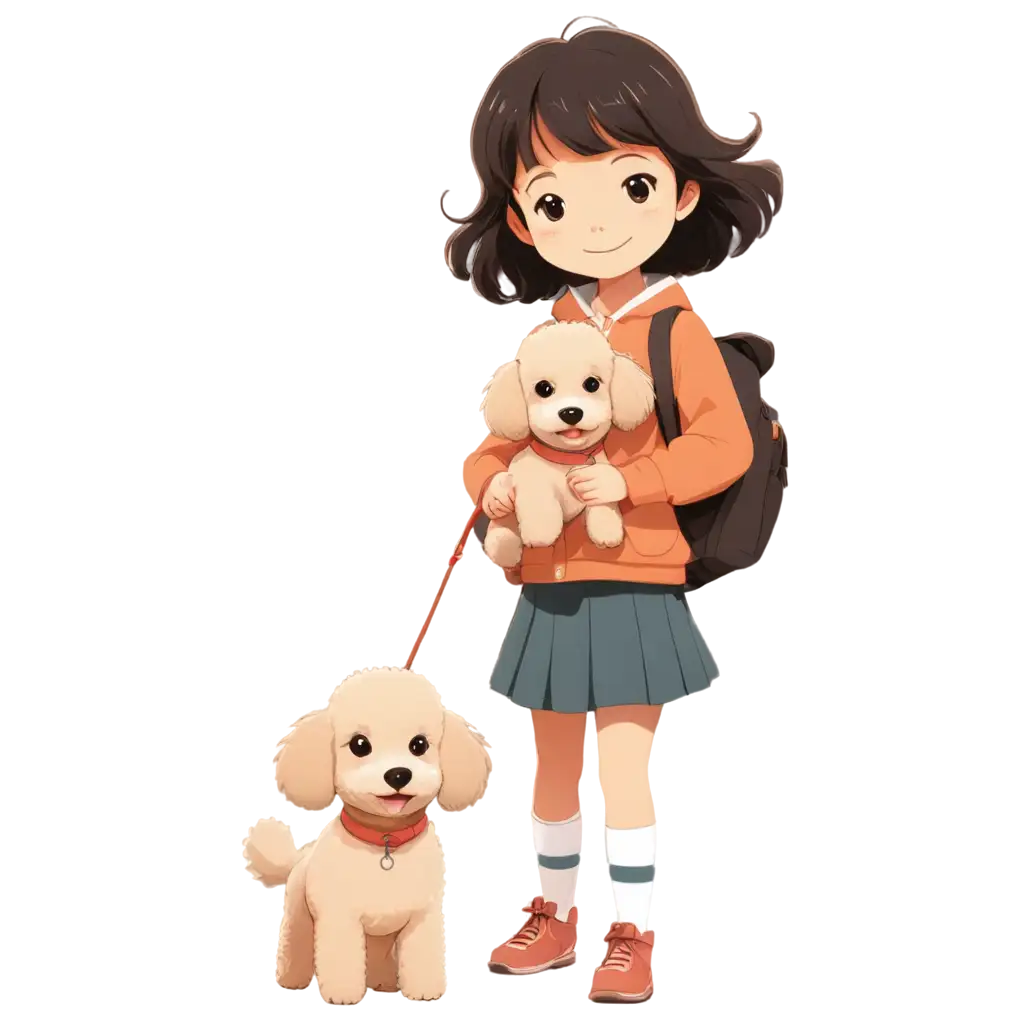 Adorable-Cartoon-Illustration-Little-Girl-with-Mini-Poodle-on-Arashiyama-Train-in-Japan-PNG-Image