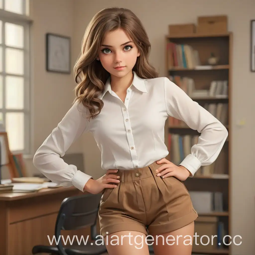 Stylish-Young-Girl-in-White-Blouse-and-Brown-Shorts-at-School-Office
