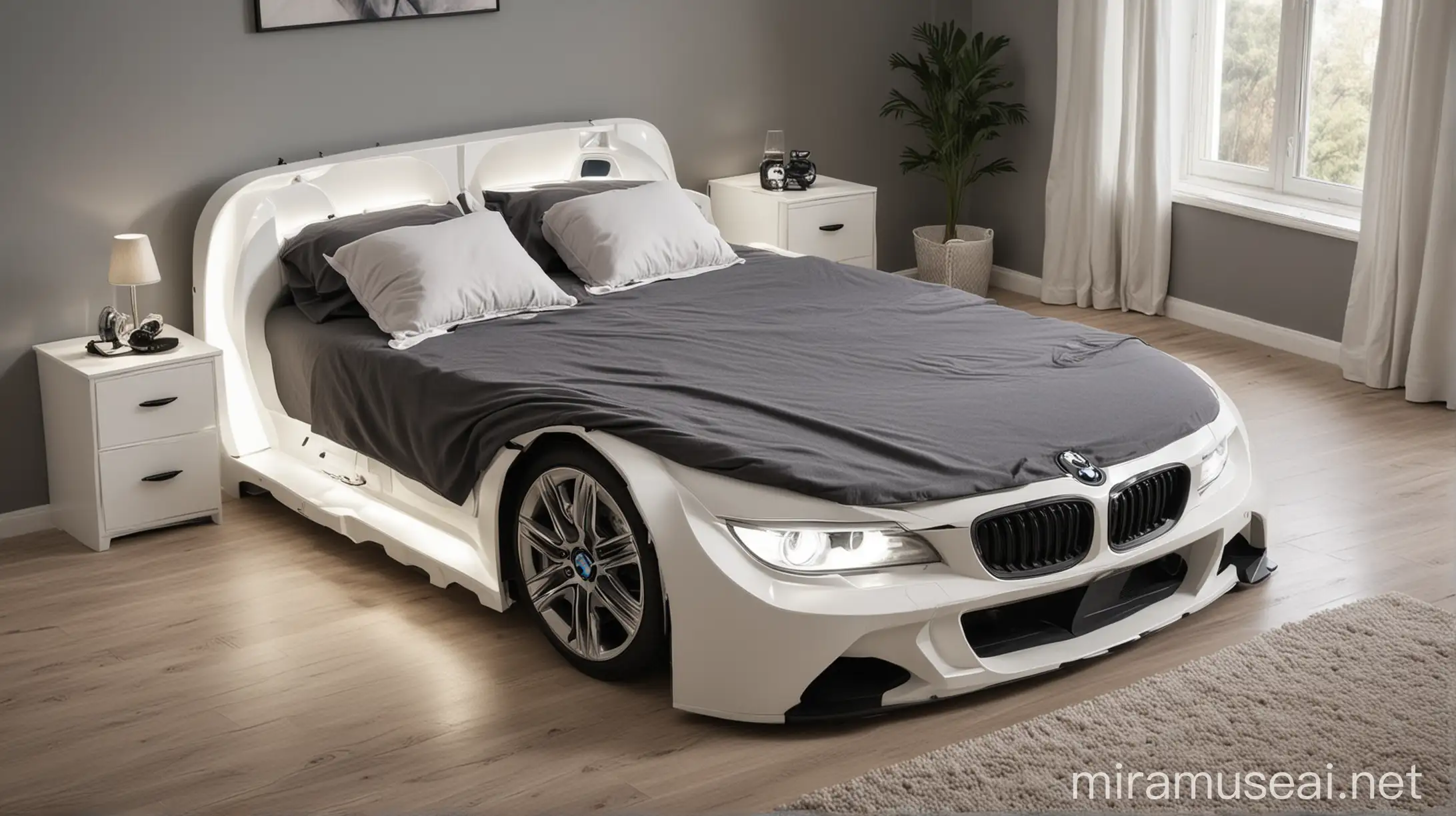 Double bed in the shape of a bmw car