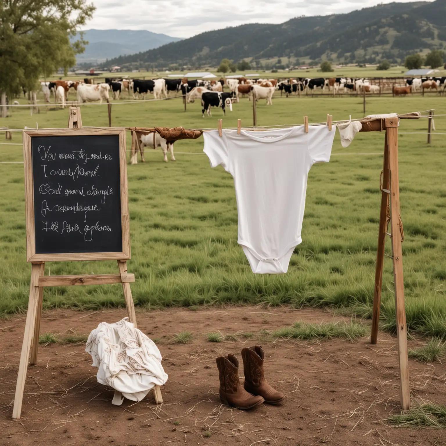 hanging clothesline in front of a western farmland scene with cows, a small baby white onesie hanging on the clothesline, baby cowboy boots on the ground, chalk board easel on the ground, boho vibe