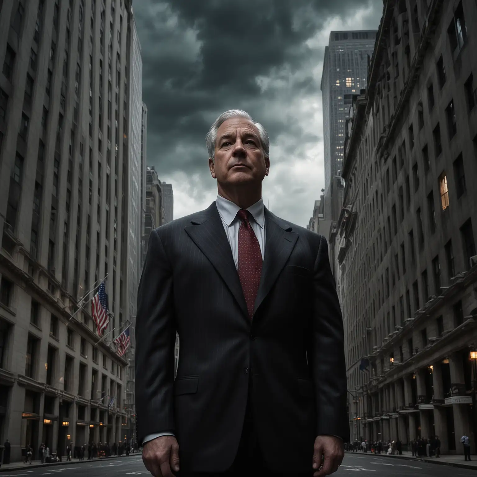 Cinematic and dramatic, realistic portrait.
Background: Dark skies, wall street buildings
Scene: JP morgan standing 