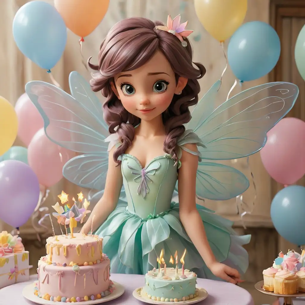 A beautiful fairy, with beautiful fairy wings, #D, Disney Style,  at a birthday party with a birthday cake with a fairy on it, balloons and gifts...pastel colors