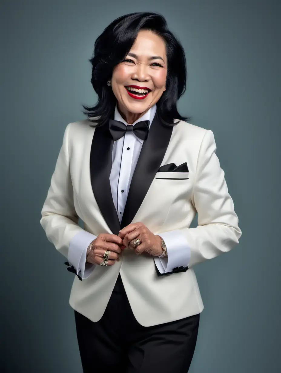 Beautiful 50 year old vietnamese woman with black shoulder length hair and lipstick wearing a tuxedo with an ivory  jacket.  Her shirt is white with double french cuffs and a wing collar.  Her bowtie is black.  Her cummerbund is black.  Her cufflinks are black.  She is smiling and laughing. Her jacket is open. 