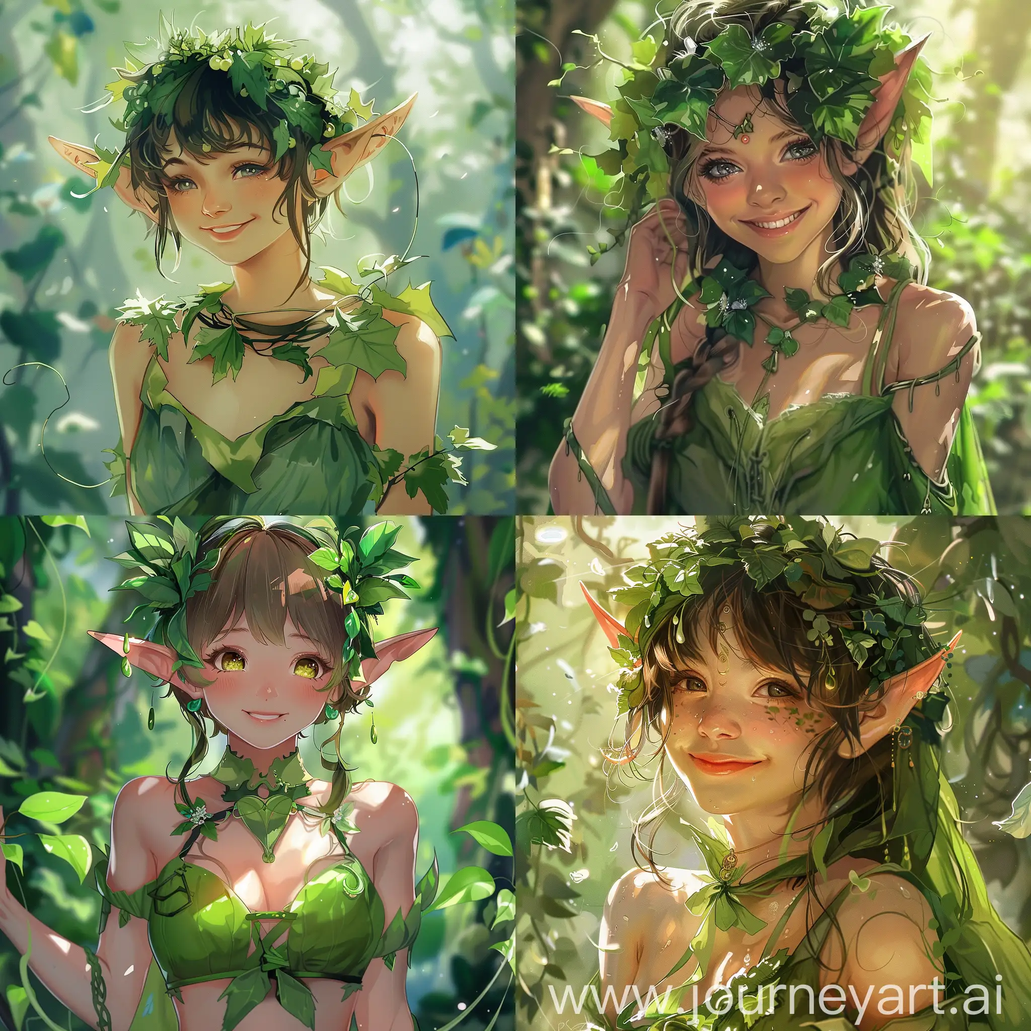 Anime illustration of an elf woman in green attire, cute face expression, smiling, nature theme, art, surreal, illustration